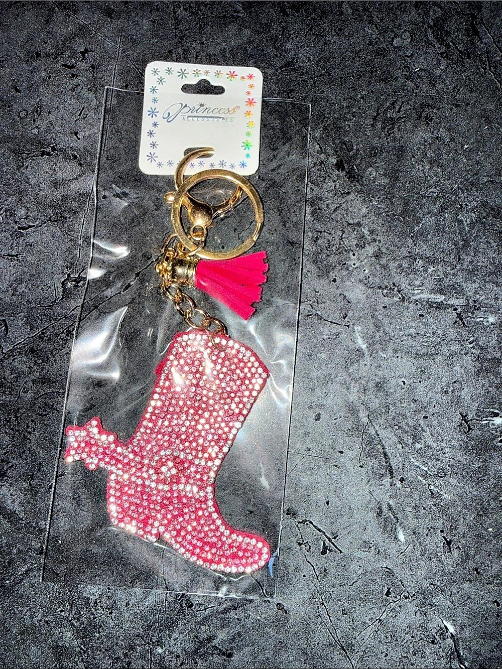 Princess Accessories Pink Rhinestone Cowboy Boot Keychain with Tassel
